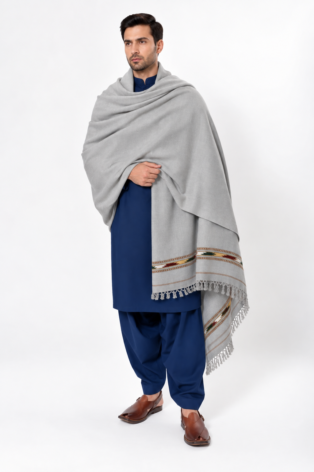 Fine Pashmina Pure Shawl (Single Border Gray)